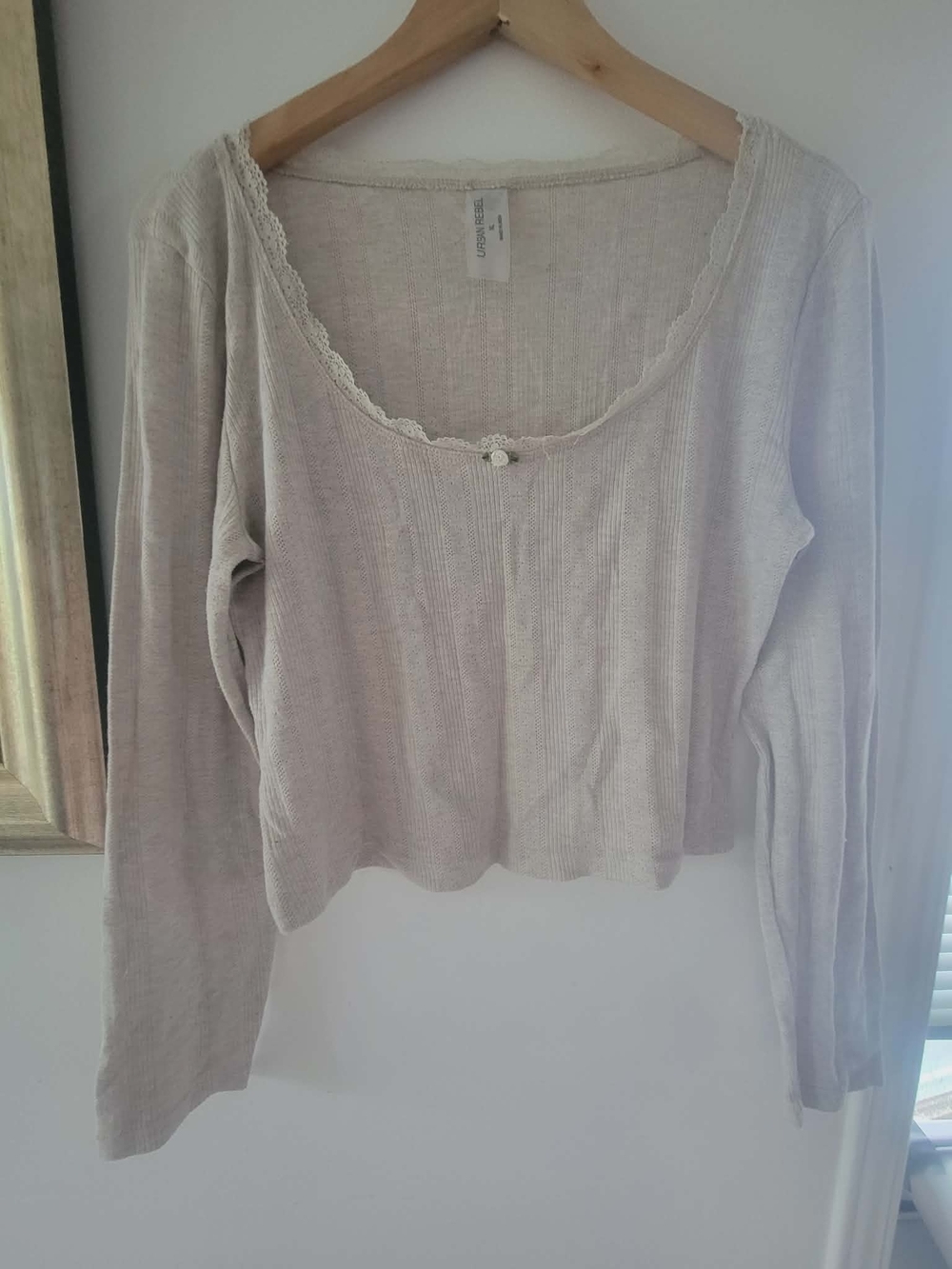 Love Tree Beige Lace-Trim Ribbed Long Sleeve Top